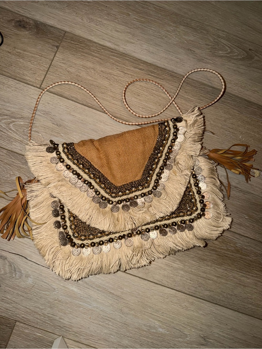 Boho Fringe Crossbody Bag in Beige burlap with silver and gold metal charms